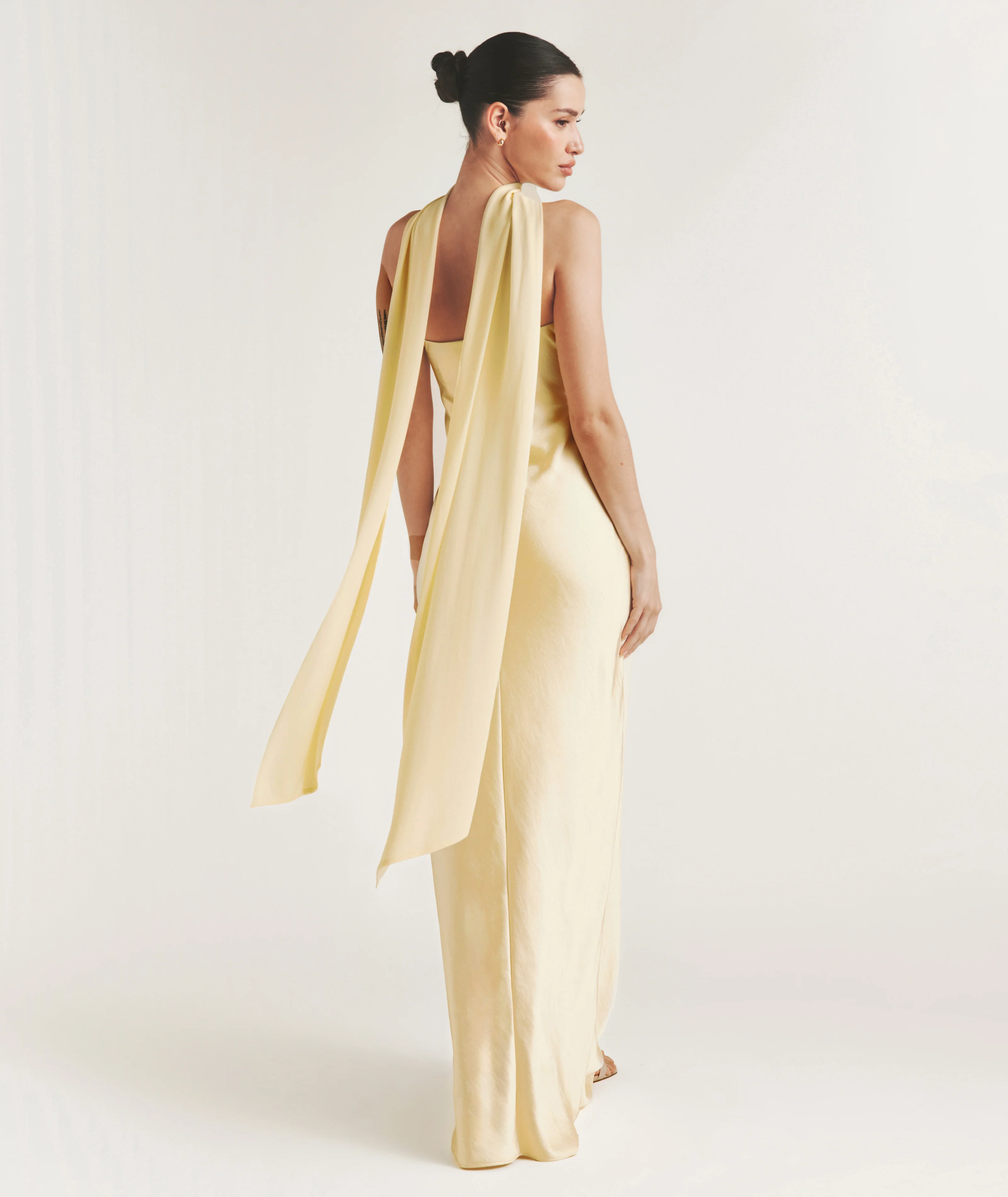 Bandeau Satin Bridesmaid Dress with Chiffon Neck Scarf - Butter Lemon - Image 3