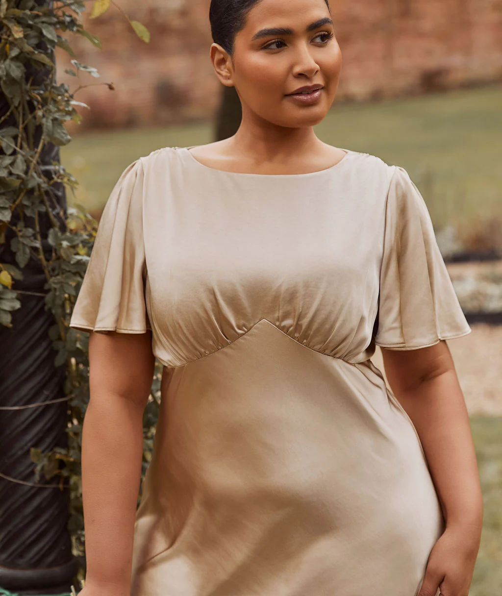 Gathered Bust Satin Bridesmaid Dress - Champagne - Image 2