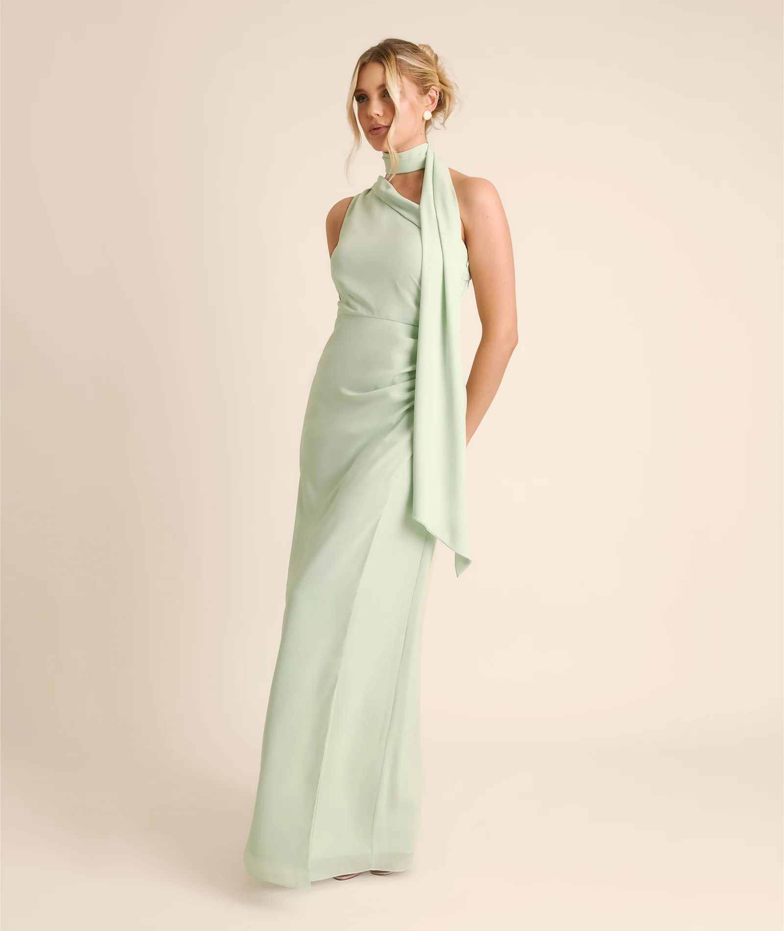 One Shoulder Neck Tie Chiffon Bridesmaid Dress - Mint Green - Image 5