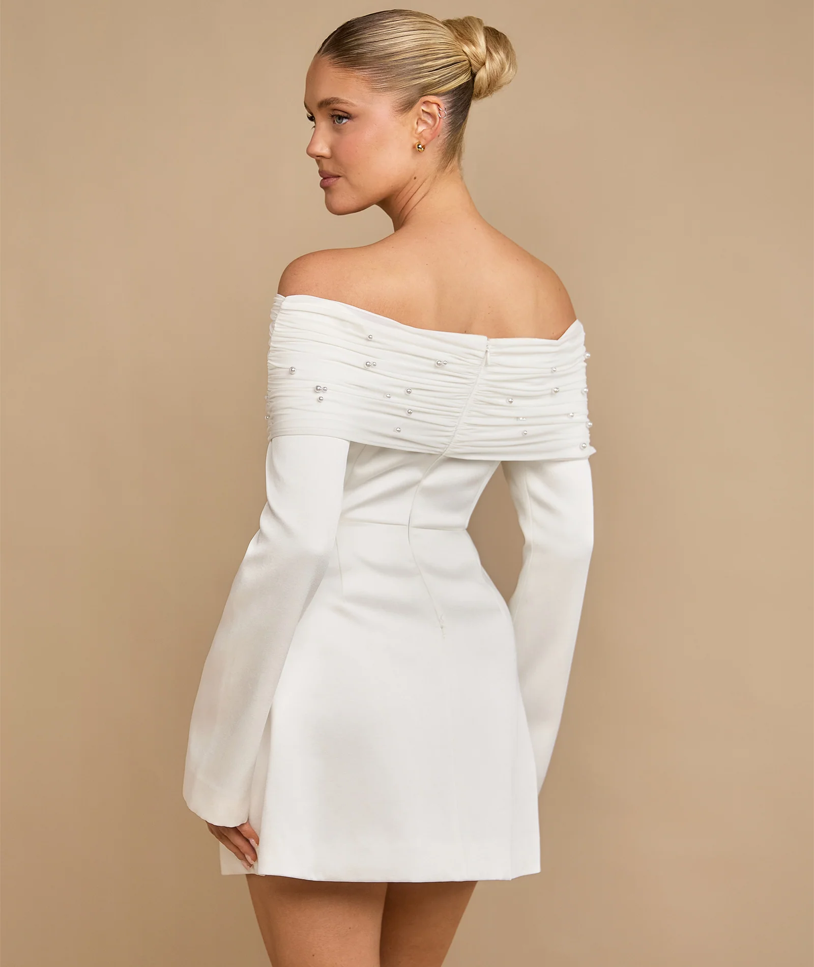 Petite Pearl Trim Bardot Mini Dress - White - Image 4